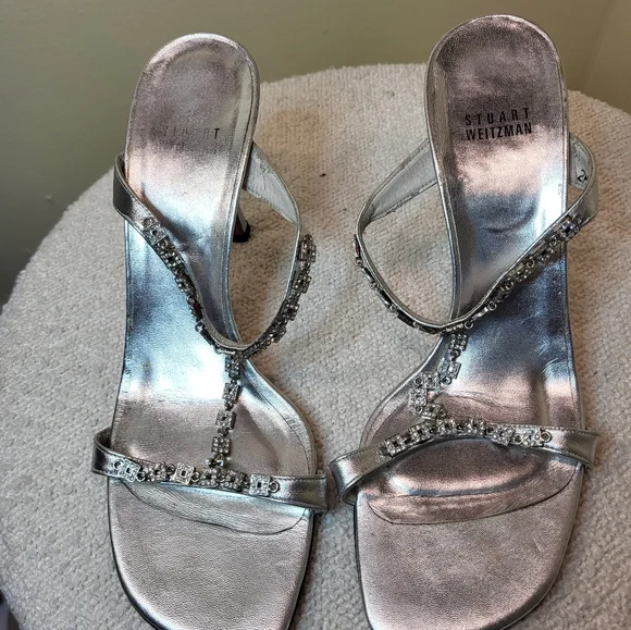 Stuart Weitzman Elegant Silver Rinestone Strappy Women's Heels - Picture 11 of 14